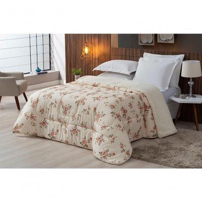 Coberdrom Sherpa/percal 180 Fios Estampado Solteiro Gran Moratta 01 Peça - Floral Salmão.