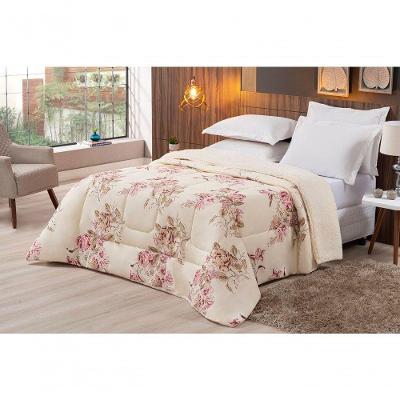 Coberdrom Sherpa/percal 180 Fios Estampado Solteiro Gran Moratta 01 Peça - Caqui Floral.