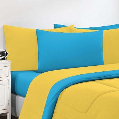 Kit Edredom Malha 100% Algodão Gran Moratta 3 Peças King - Amarelo-azul Turquesa