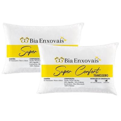 Kit 2 Travesseiros 50x70cm Antialérgico Lavável Fibra Siliconada Macio Confort - Branco.