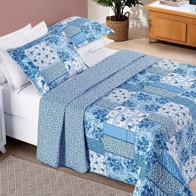 Colcha Estampada Dupla Face Bouti King 03 Peças - Azul Sereno