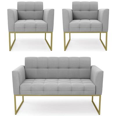 Sofá Namoradeira E 2 Poltronas Base Industrial Dourado Ana Suede Cinza