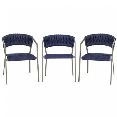 3 Cadeiras Tricô Náutico E Alumínio Uv Para Varanda Cozinha Azul