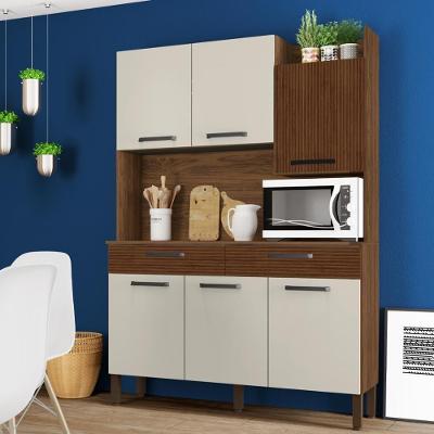 Armário De Cozinha Compacta 6 Portas 2 Gavetas Modena - Nogueira-off White-cp-ripado Nogueira-off White-cp-ripado