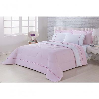 Kit Edredom 100% Algodão Percal 150 Fios Dupla Solteiro Gran Moratta + Jogo De Cama 5 Peças Rosa-branco