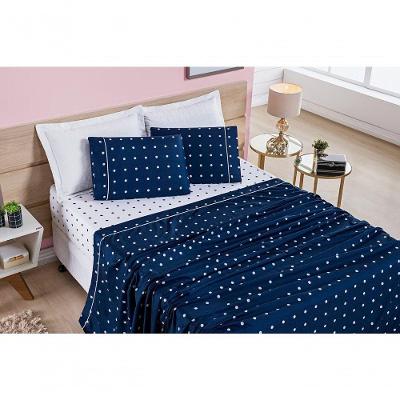 Jogo De Cama Lençol 200 Fios Petit Poá King 04 Peças Marinho