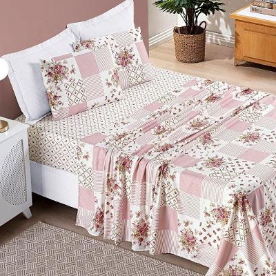 Jogo De Cama Lençol Bouti Estampado Casal Padrão 04 Peças Rosa Matura