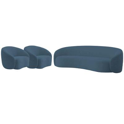 Kit Sofá 3 Lugares 200cm E 2 Poltronas Orgânica Luxo Recepção Amore Linho Cor Azul Royal