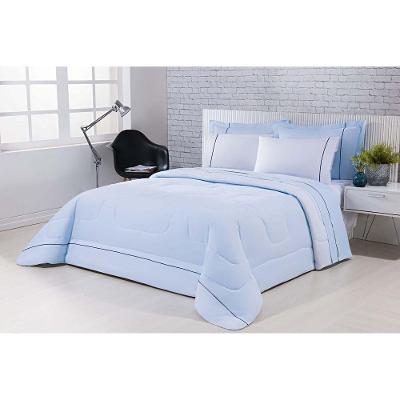 Kit Edredom 100% Algodão Percal 150 Fios Dupla Face King Gran Moratta 3 Peças - Azul-branco