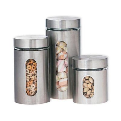 Jogo 3 Potes Tampa Rosca Para Mantimentos Vidro E Aço Inox.