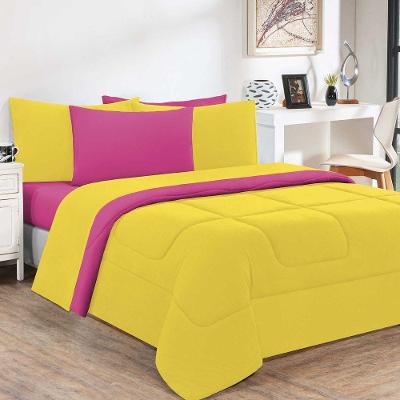 Kit Edredom + Jogo De Lençol Malha 100% Algodão Gran Moratta 4 Peças Solteiro - Amarelo-pink