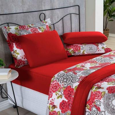 Kit Edredom Malha 100% Algodão Primavera 3 Peças Casal - Floral Vermelho