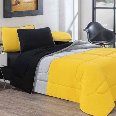 Kit Edredom Jogo De Lençol Malha 100% Algodão 7 Peças King Amarelo-mescla-preto