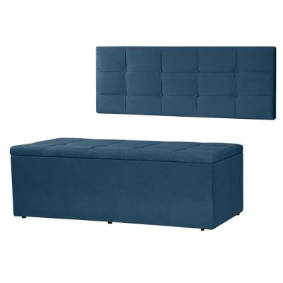 Kit Cabeceira Painel E Calçadeira Baú Casal Queen 1,60m Roma Suede Azul Marinho Dal Poz Estofados