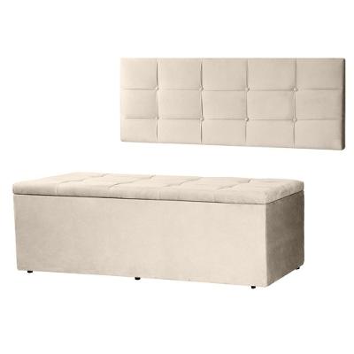 Kit Cabeceira Painel E Calçadeira Baú Casal Queen 1,60m Roma Suede Bege Dal Poz Estofados