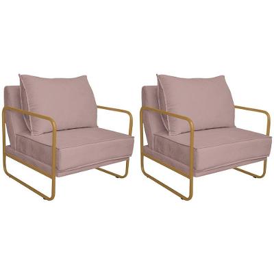 Kit 02 Poltronas Sevilha Base de Ferro Dourado Linho Rosê