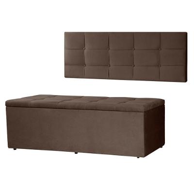 Kit Cabeceira Painel E Calçadeira Baú Solteiro 0,90m Roma Suede Marrom Dal Poz Estofados