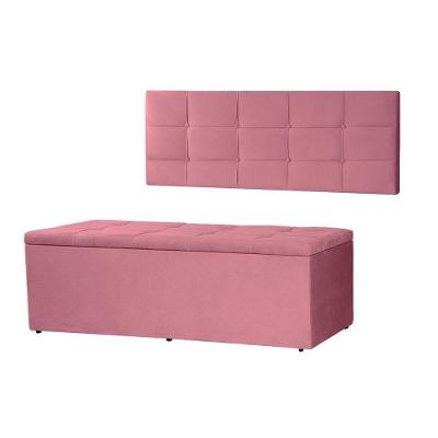 Kit Cabeceira Painel E Calçadeira Baú Solteiro 0,90m Roma Suede Rosa Dal Poz Estofados