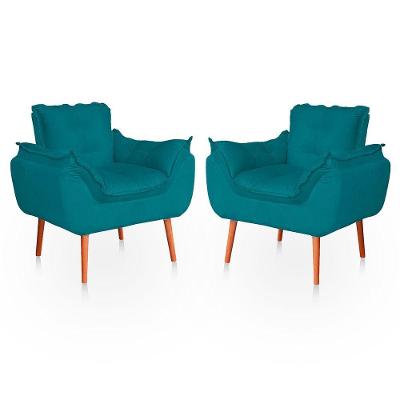 Kit 02 Poltronas Opala Para Sala Confortável Resistente Veludo Bege Azul Turquesa