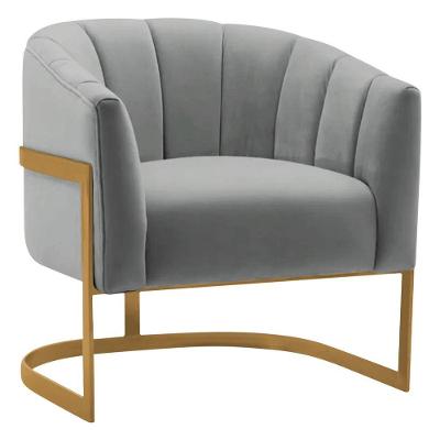 Poltrona Decorativa Sala De Estar Recepção Mavie Base De Ferro Dourado Bouclé Adj Decor Cinza