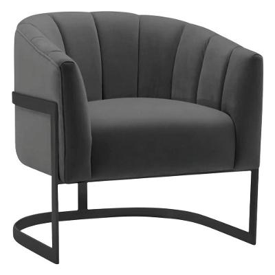 Poltrona Decorativa Sala De Estar Recepção Mavie Base De Ferro Preto Linho Cinza Escuro