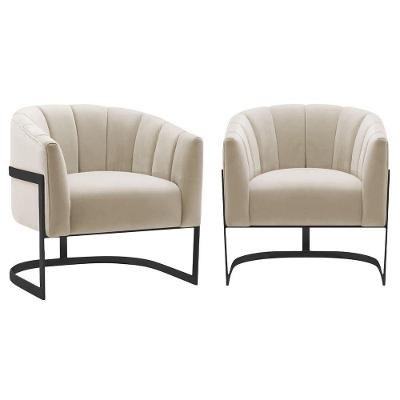 Kit 2 Poltronas Decorativas Sala De Estar Recepção Mavie Base De Ferro Preto Bouclé Cor Bege