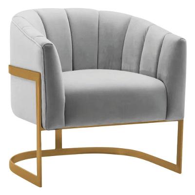 Poltrona Decorativa Sala De Estar Recepção Mavie Base De Ferro Dourado Linho Adj Decor Cinza Claro