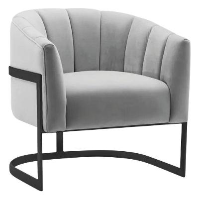 Poltrona Decorativa Sala De Estar Recepção Mavie Base De Ferro Preto Linho Adj Decor Cinza Claro