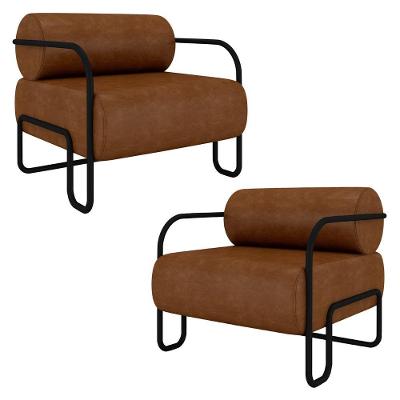 Poltrona Decorativa Para Sala Industrial Kit 2 Kira K04 Sintético Marrom Mpozenato