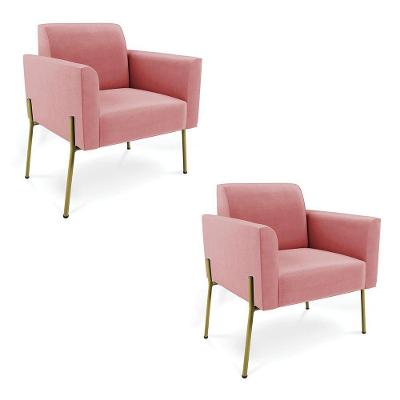 Poltrona Pé De Ferro Dourado Decorativa Kit 2 Marisa Suede Rosê D03