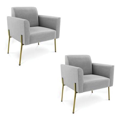 Poltrona Pé De Ferro Dourado Decorativa Kit 2 Marisa Suede D03 Cinza