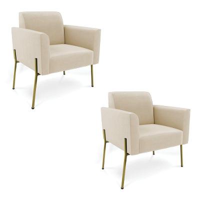 Poltrona Pé De Ferro Dourado Decorativa Kit 2 Marisa Suede Bege D03 - D'rossi