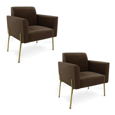 Poltrona Pé De Ferro Dourado Decorativa Kit 2 Marisa Suede Marrom D03