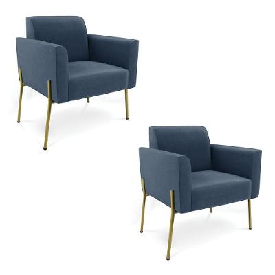 Poltrona Pé De Ferro Dourado Decorativa Kit 2 Marisa Suede D03 Azul Marinho