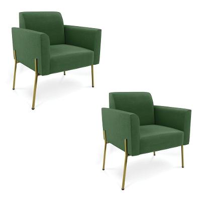 Poltrona Pé De Ferro Dourado Decorativa Kit 2 Marisa Suede Verde D03