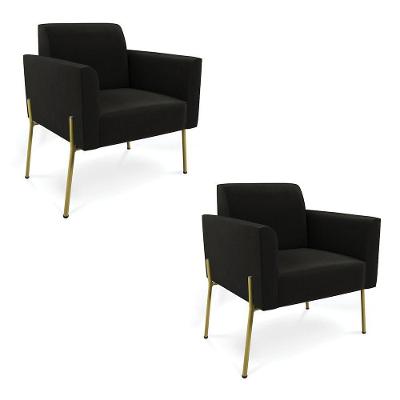 Poltrona Pé De Ferro Dourado Decorativa Kit 2 Marisa Suede Preto D03