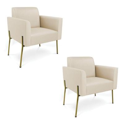 Poltrona Pé De Ferro Dourado Kit 2 Para Sala Marisa Corino Bege D03
