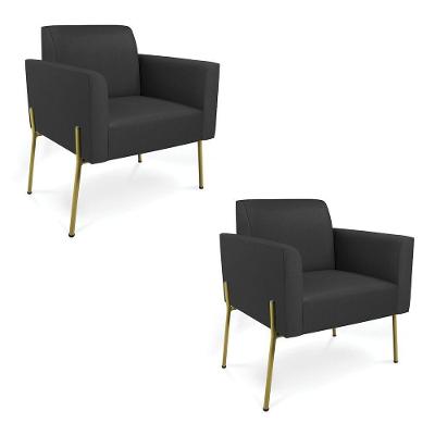 Poltrona Pé De Ferro Dourado Kit 2 Para Sala Marisa Corino D03 Preto