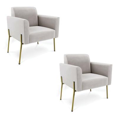 Poltrona Pé De Ferro Dourado Para Salão Kit 2 Marisa Veludo D03 Cinza