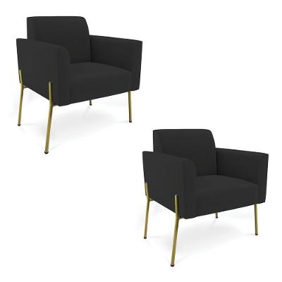 Poltrona Pé De Ferro Dourado Para Salão Kit 2 Marisa Veludo Preto D03