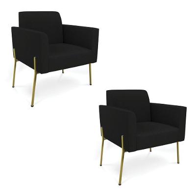 Poltrona Pé De Ferro Dourado Para Escritório Kit 2 Marisa Linho D03 Preto