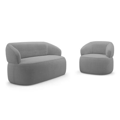Kit Poltrona Giratória E Sofá Orgânico Living Glee 02 Lugares 140cm Bouclê Cinza - Desk Design
