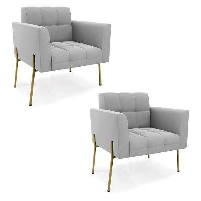 Poltrona Pé De Ferro Dourado Para Sala Kit 2 Elisa Suede Cinza D03 - D'rossi