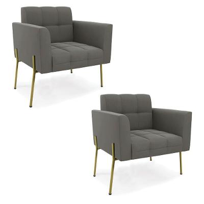 Poltrona Pé De Ferro Dourado Para Sala Kit 2 Elisa Suede Grafite D03 - D'rossi