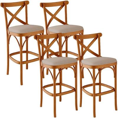 Kit 04 Banquetas Altas Cozinha Bancada Bar Sala Jantar Estofada ávila L02 Linho Bege Escuro - Lyam
