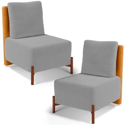 Kit 02 Poltronas Decorativas Sala De Estar Living Hungria L02 Couríssimo Whisky Suede Cinza - Lyam