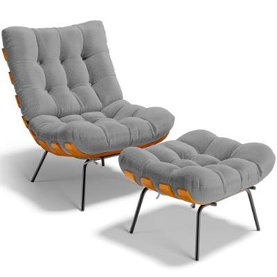 Poltrona Costela L02 Com Puff Sala De Estar Bouclê Cinza - Lyam Decor