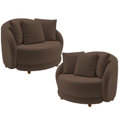 Kit 02 Poltronas Decorativas Base Fixa Pés Madeira Witta M03 Veludo Marrom - Lyam Decor
