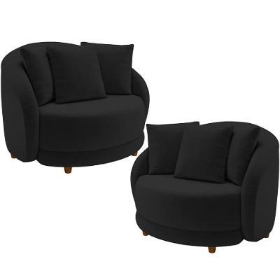 Kit 02 Poltronas Decorativas Base Fixa Pés Madeira Witta M03 Veludo Preto - Lyam Decor
