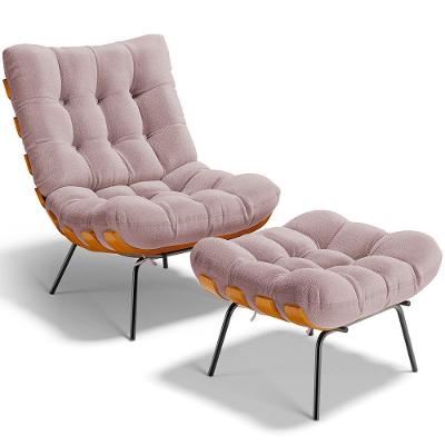 Poltrona Costela L02 Com Puff Sala De Estar Bouclê Rosê - Lyam Decor